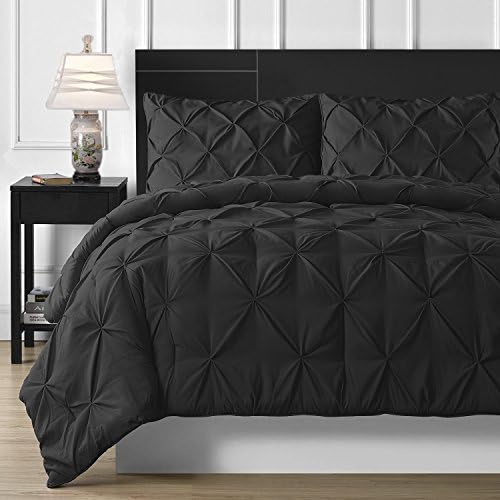 Homehug 1800 Pinch Pleat Puckering Comforter Set, Queen Size, Wrinkle Resistance, 3-Peices, Black
