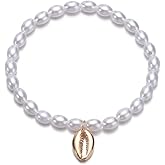 W WEILIRIAN Bohemian Pearl Anklet for Women Gold Shell Ankle Bracelets Vintage Pearl Bead Anklets Elastic Anklets Chain Bracelet Summer Beach Anklet Foot Chain Jewelry for Teen