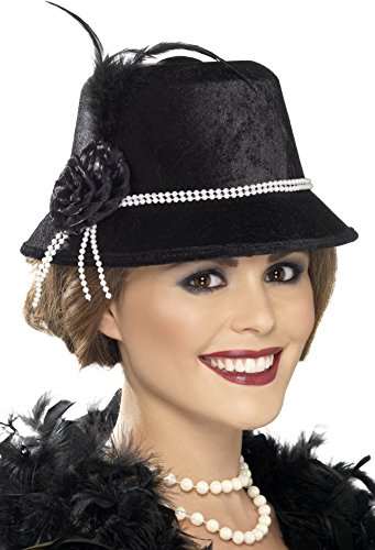 Smiffy's Women's Cloche Hat with Beads and Flower,1920's Hat, Black, One Size, 33445