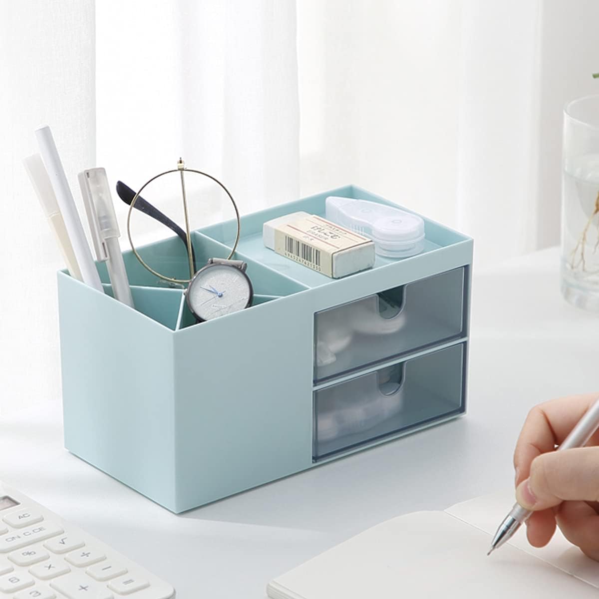 Kawaii Desk Organizer And Accessories, Pencil holder, Desktop organization, Supply Organizer With 2 Drawers .Simple Design Desktop Stationery Storage Suit For Office ,School,Room. (Blue): Home Improvement