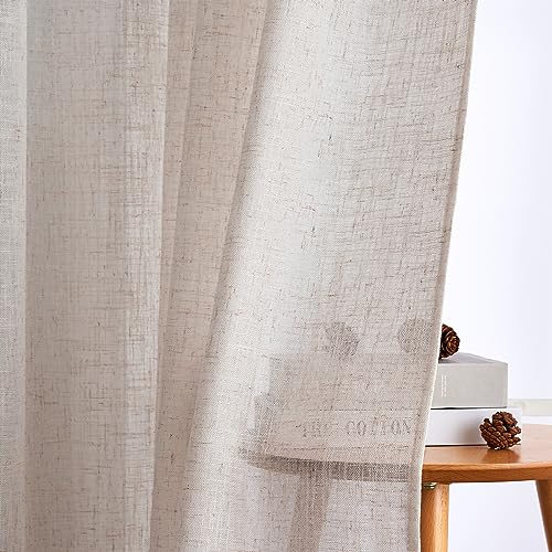 Woaboy Linen Curtains with Frunction Tape Curtains Bedroom Window Translucent Modern Curtains for Living Room Bedroom 2 Pieces 140 x 260 cm White