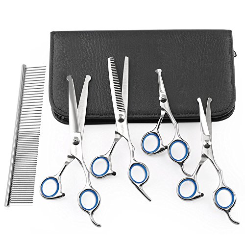 ihoven Dog Grooming Scissors Set, 5 PCS Safety Round-tip Stainless Steel Pet Hair Trimming Scissors Kit Straight Curved Thinning Shears Set Durable Home Eye Cutter for Dogs and Cats with Comb (White)