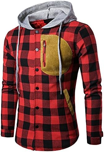 Ffox Men's Fashion Plaid Stitchin Pocket Hoodies Jackets