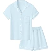 Schbbbta Girls Button Down Pajamas Set Kids 2 Piece Bamboo Viscose Cotton Short Sleeve Pjs Soft Sleepwear Loungewear