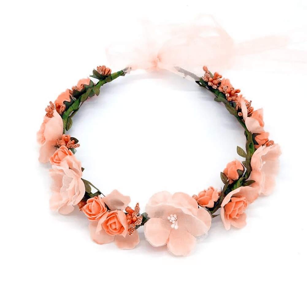Flower Crown,Floral Garland Headbands Boho Rose Head Band Women Lady Girl Hairband for Hat Ornament Party Festival Beach Travle Bridal Wedding Hair AccessoriesOrange