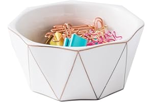 YOSCO Paper Clip Holder With Gold Line Geometric Ceramic Paper Clip Dispenser for Desk Cute Paper Clip Organizer Office Binder Clip Holder (White)