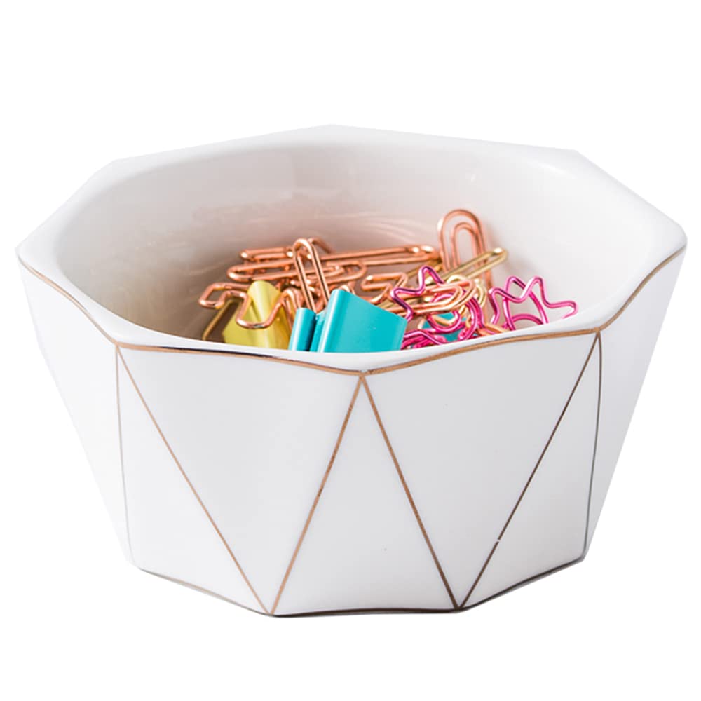 Photo 1 of YOSCO Paper Clip Holder With Gold Line Geometric Ceramic Paper Clip Dispenser for Desk Cute Paper Clip Organizer Office Binder Clip Holder (White)