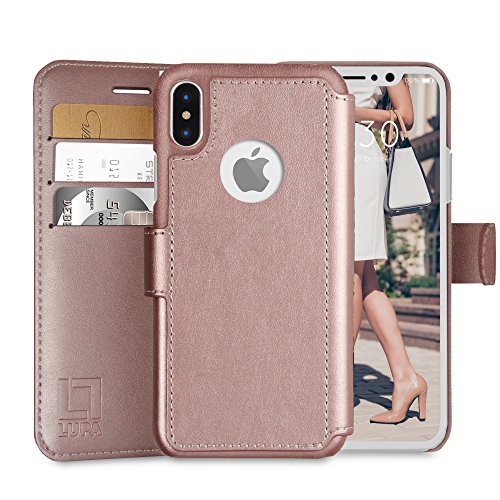 LUPA iPhone Xs Wallet case, iPhone X Wallet Case, Durable and Slim, Lightweight with Classic Design & Ultra-Strong Magnetic Closure, Faux Leather, Rose Gold, for Apple iPhone Xs/X