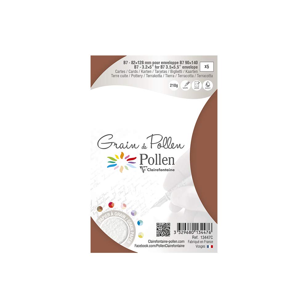 Clairefontaine 13447C Bag of 5 Plain Cards Format 8,2x12,8cm 210g - Terracotta Colour Invitation Correspondence Cards - Pollen Grain Range - Premium Paper