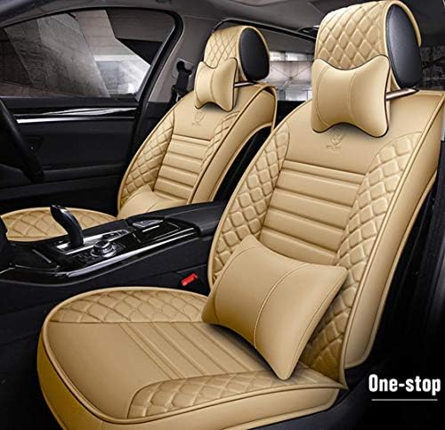 9pcs Full Set PU Leather Front and Rear Seat Cover Anti-Slip Deluxe Automotive Cushions Seat Universal Fit 5 Seats Vehicles Cars SUV, Black,Beige