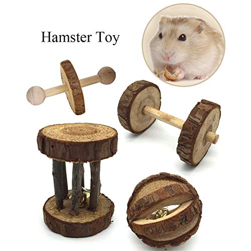 Bojafa 5 Pcs Natural Wooden Playing Chewing Toys for Small Animal Hamster Gerbil Mouse - Tunnel, Ball, Bell Roller, Dumbbell, Unicycle for Small Animals Molar Teeth Clean Toys - Thumbnail 2