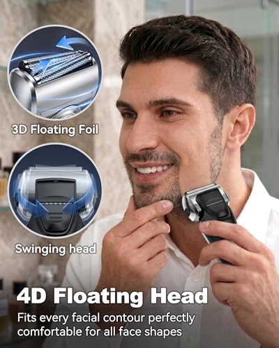 Foil Shaver with Floating Blade, Cordless Rechargeable Electric Shaver for Men, 7500Rpm Wet & Dry Gear Electric Razor, 100% Waterproof, Up to 100 min, Smart LCD, Travel Lock (Silver)