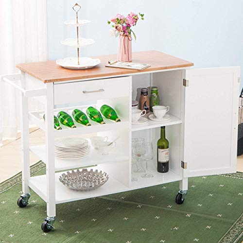 Kitchen Cart Island On Wheels,JULYFOX Kitchen Trolley Microwave Cart with Storage Drawers Cabinet 3 Shelves Wine Rack Solid Wood Breakfast Cart 34 inches Tall Bar Table for Small Spaces White and Oak