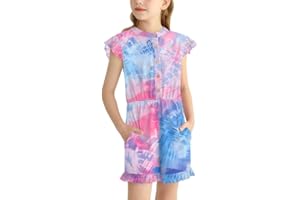 BesserBay Girl's Summer Ruffled Flutter-Sleeve Jumpsuit Button Down Crewneck Romper 5-14 Years