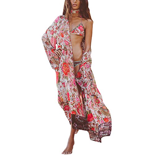 HTDBKDBK Women's Boho Print Floral Loose Shawl Kimono Cardigan Top Cover Up Blouse Wear with Bikini Swimwear White - Thumbnail 7