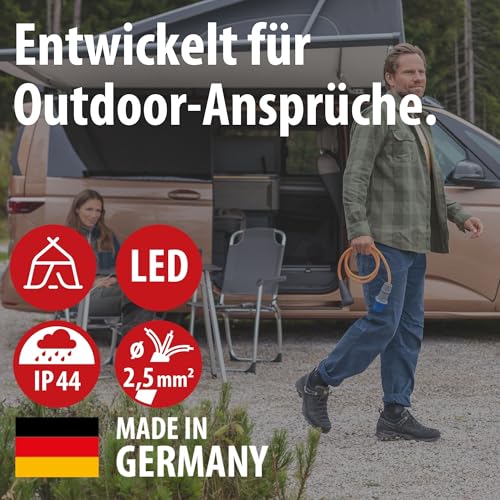 Brennenstuhl Cable reductor Camping con enchufe CEE y acoplador de conexión a tierra (cable de 1,5 m en naranja, H07RN-F 3G2.5, 230V/16A, para uso permanente en exteriores IP44, fabricado en Alemania)