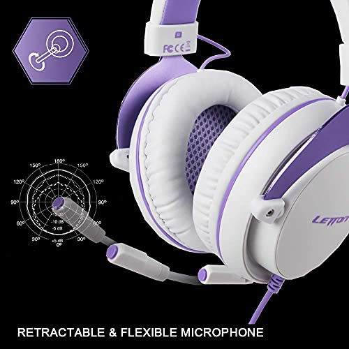 Stereo Gaming Headset for PS4, PC, Mobile, Noise Cancelling Over Ear Headphones with Retractable and Flexible Mic & Soft Memory Earmuffs for Laptop Games-Purple