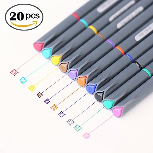 Pack of 20 Fineliner Color Pen Set, 0.38mm Finepoint Colored Fine Line Sketch Drawing Pens,10 Individual Assorted Colors