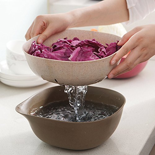 Oak-Pine 2-in-1 Multipurpose Plastic & Wheat Straw Drain Basket Bowl Food Wash Strainers Collapsible Colanders Kitchen Strainer for Vegetables Fruit Kitchen Tool (Kahki) - Thumbnail 3