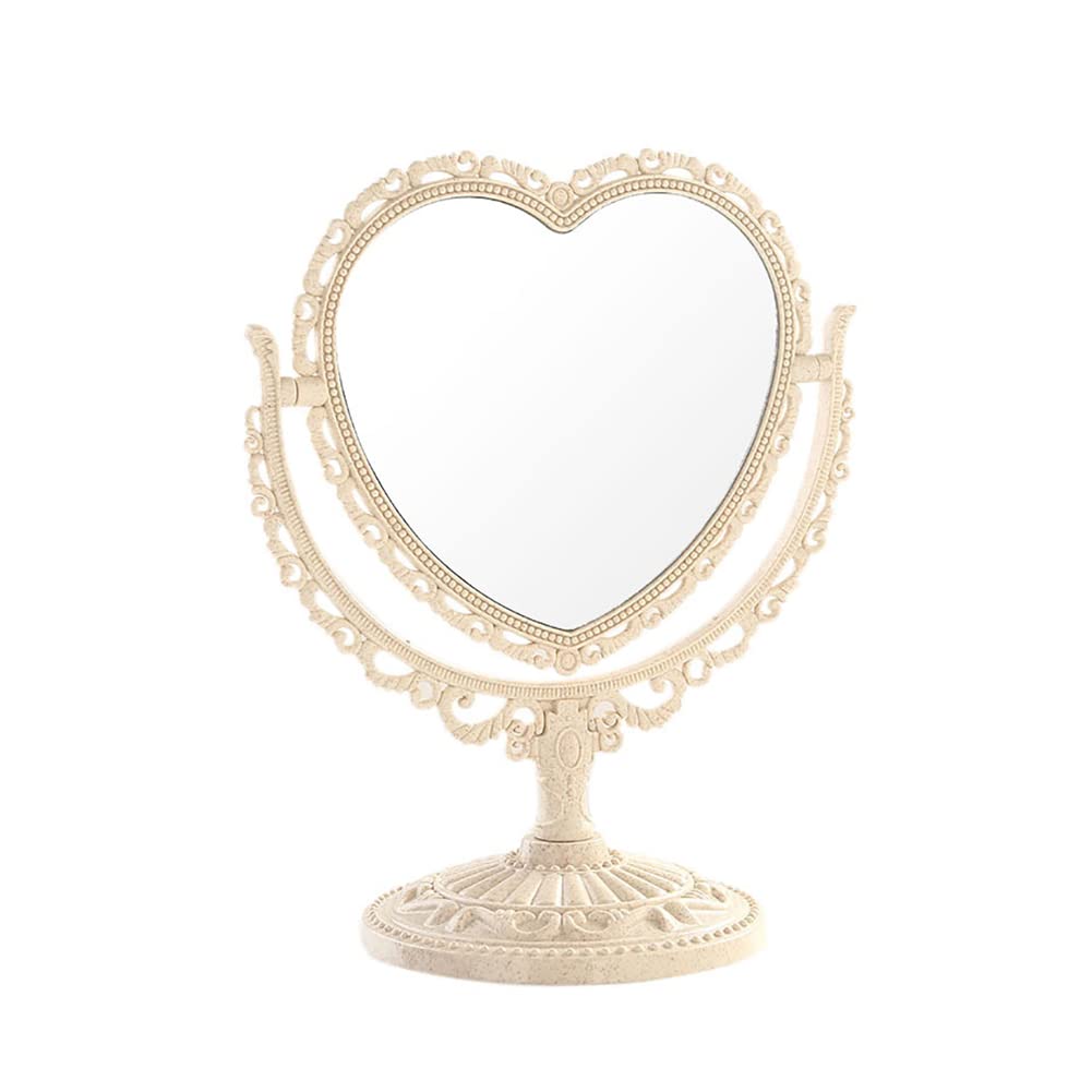 FSSTUD Plastic Heart Shaped Makeup Mirror Tabletop Cosmetic Mirror Double Sided Mirror Rotatable Vanity Mirror for Women Girls Beige