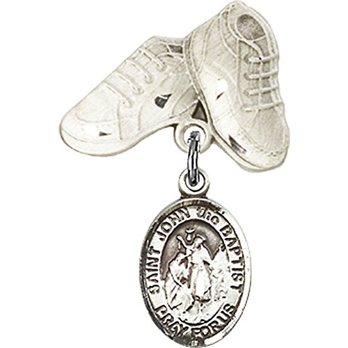 Sterling Silver Baby Badge with St. John the Baptist Charm and Baby Boots Pin 1 X 5/8 inches