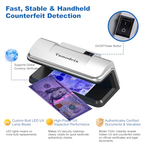 Tamodeix Counterfeit Money Detector with Money Checker Pen Bundle, LED UV Fake Note Checker, USB-C Powered NX-115A