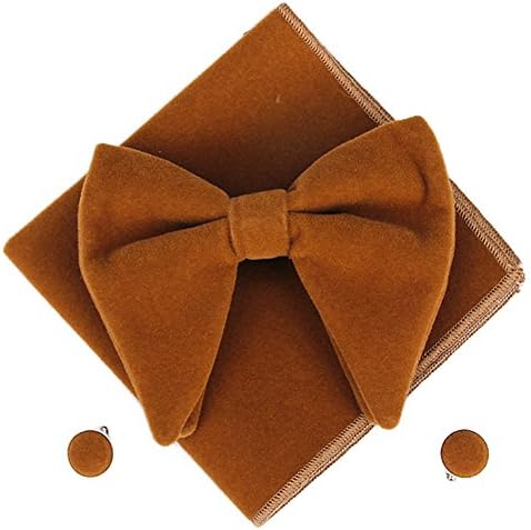 Sunflyfashion Men Velvet Oversized Bow Tie Pocket Square Cufflinks Set Bowtie Hanky Cuff Links (Camel)