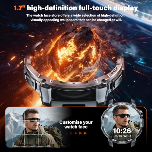 Reloj Inteligente Hombre Militar con Batería 1000 mAh y Linterna LED, 1.7” Smartwatch Hombre con Llamadas Bluetooth Pulsómetro SpO2 Monitor de Sueño 110+ Modos Deportivos Android iOS (Acero Negro)