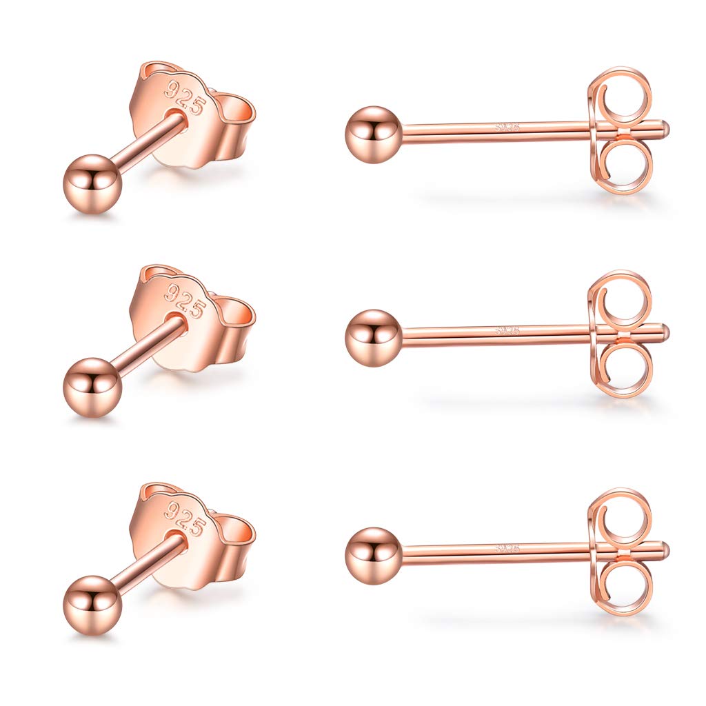 CERSLIMO Silver Stud Earrings for Women Men Girls, 3 Pairs Sterling Silver Tiny Ball Stud Earrings Small Dot Studs Dainty Cartilage Tragus Sleeper Earrings Set (2mm, Rose Gold)