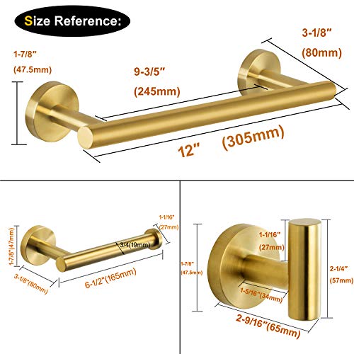 Nolimas 3-Pieces Brushed Gold Bathroom Hardware Set SUS304 Stainless Steel Round Wall Mounted - Includes 12" Hand Towel Bar,Toilet Paper Holder,Robe Towel Hooks,Bathroom Accessories Kit - Thumbnail 6