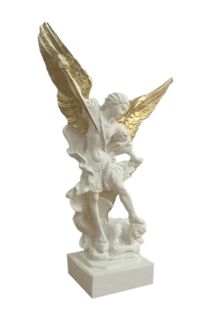 Saint Michael the Archangel Statue -White Figurine with crown, sword and wings golden Hand painted - H 8,26 in