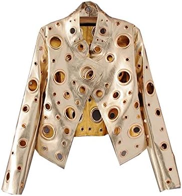 2017 Spring summer ladies fashion pu jacket hole cardigan collar long sleeve gold black gray female jacket