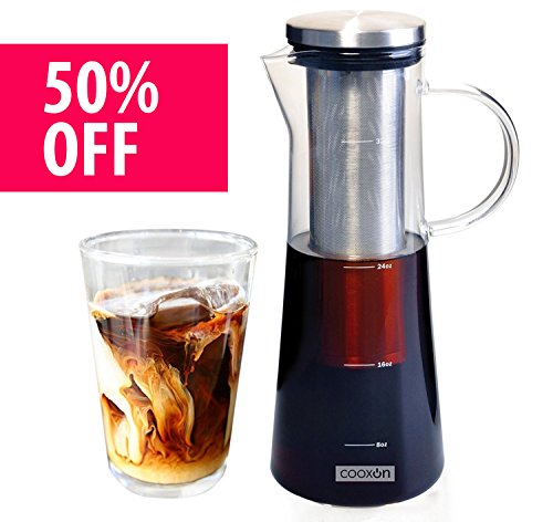 Click Here to See More Images Cold Brew Coffee Maker and Tea Infuser by Cooxon - Premium quality cold coffee brewer, airtight, durable and BPA Free, 1L/34Oz with with Removable Stainless Steel Filter, dishwasher safe