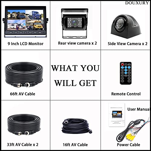 RV Backup Camera System with 9'' Quad Split 1080P Monitor for Truck Trailer Semi Camper Bus & 4