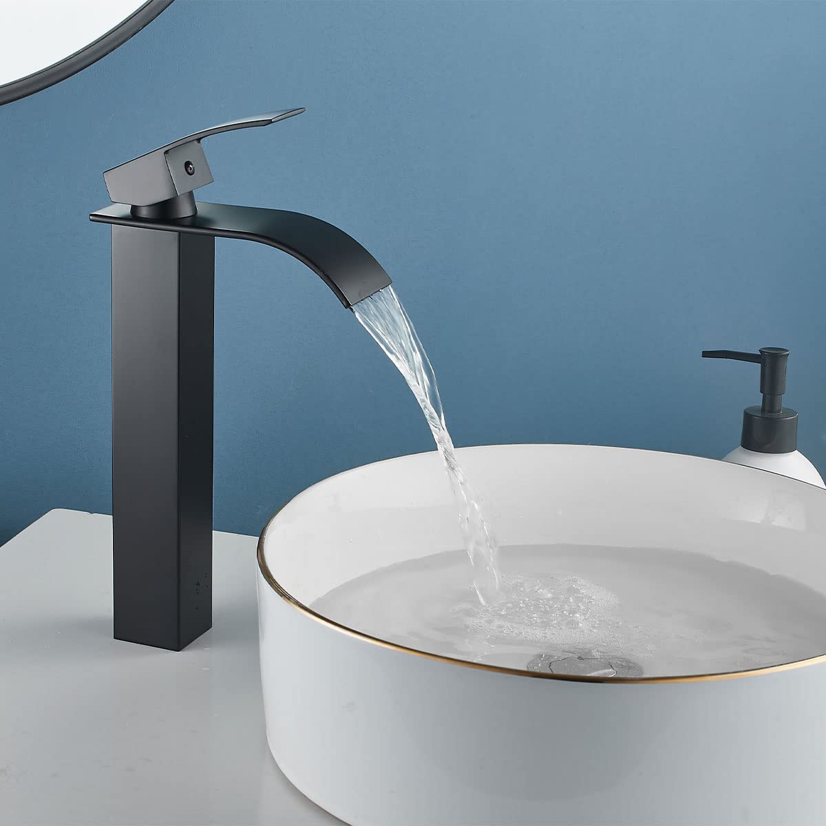 Ankoory Waterfall Bathroom Basin Mixer Tap, High Rise Bathroom Sink Faucet, Mono Single Lever Tall Tap for Counter Top Basin, Modern and Square Taps with Flexible Tails(Matte Black)