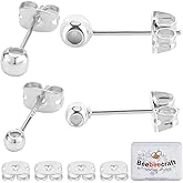Beebeecraft 1 Box 20Pcs 3mm 4mm Pin Stud Earring Findings 18K Gold Plated/925 Sterling Silver Plated Round Ball Bead Earrings Post for Jewellery Making