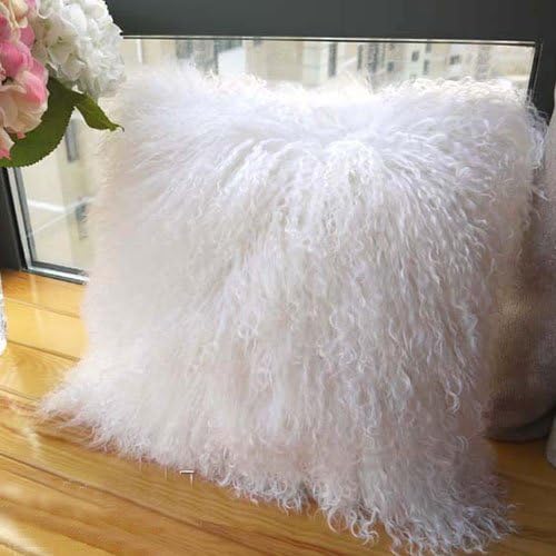 King down 100% Tibetan Mongolian Lamb Sheepskin Wool Fur Leather Pillowcase Cushion Cover 20x20 Inc (White)