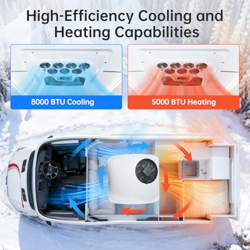 Aire Acondicionado Para Caravanas De 12 V en Techo 8000 BTU Con Calefacción, Enfriamiento Rápido y Calor, Ultra Delgado, Perfil Bajo, Ultra Silencioso, Unidad de CA de 12 V sin Conductos