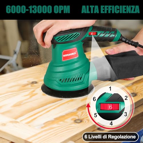 HYCHIKA Orbital Sander 300W, 6 Adjustable Speeds, 13000 RPM, 12pcs Sanding Discs 125 mm (80, 120, 240 Grains), Electric Sander, with Dust Collection Box