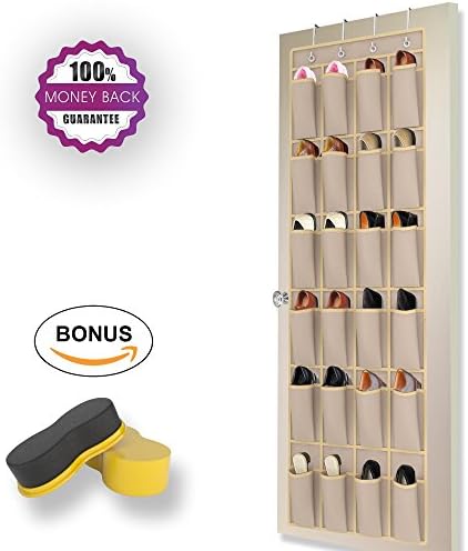 Beige Over the Door Shoe Rack by Organized Boss - Complete Bundle for Hanging Closet Kids Storage - Shoe Organizer, Shoe Sponge and Free Organization 101 E-book
