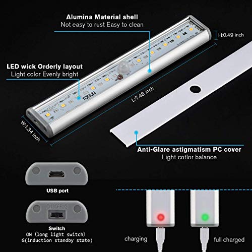 Wireless Motion Sensor Cabinet Light Drawer Closet Lights,USB Rechargeable 10 LED Cabinet Lighting,Magnetic Removable Stick-On Anywhere for Wardrobe/Stairs/Closet/Drawer, Warm White, 2 Pack - Thumbnail 2