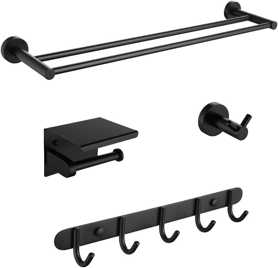 Iriber Bathroom Hardware Round Matte Black Double Bath Towel Bar Rack Shelf Caddy Accessory Set,Stainless Steel Coat Rack with 5 Scroll Hooks,Toilet Paper Holder,Robe Hook Wall Mounted,4-Piece: Home & Kitchen