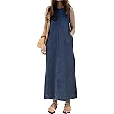 Retro Denim Jumper Dress for Women Sleeveless Crewneck Maxi Long Jean Vest Shift Dress with Pockets