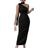 Floerns Women's 3D Floral One Shoulder Maxi Dress Bodycon Satin Wedding Guest Dresses with Scarf