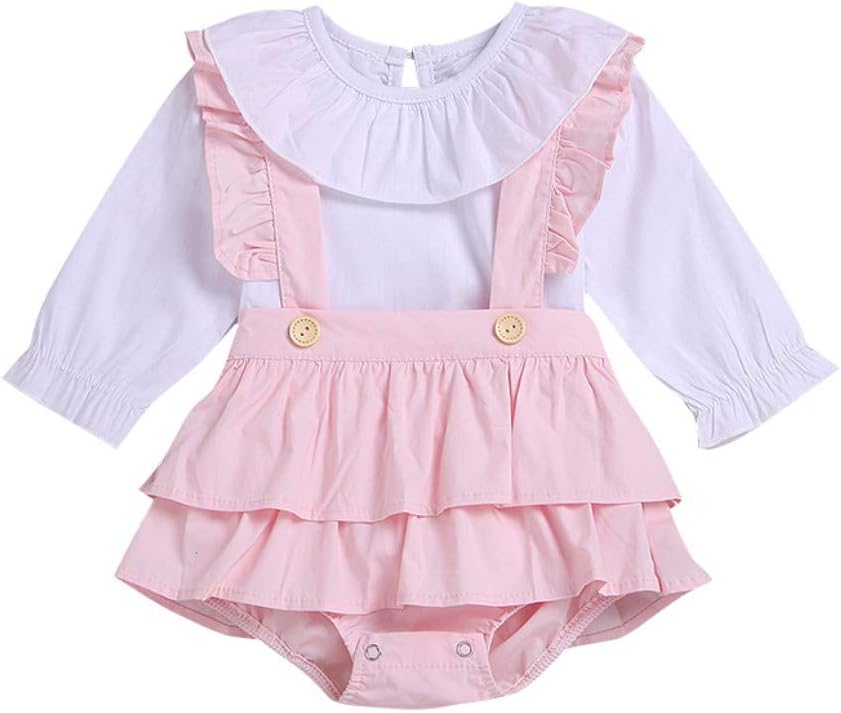 Baby Girls Peter Pan Collar Long SleeveShirt Tops with Strap Jumpsuit Bloomers Shorts Set