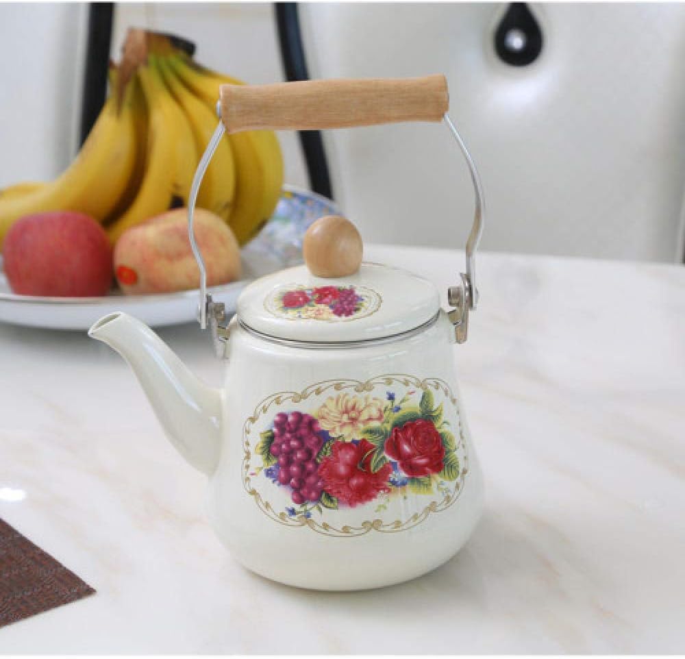 Stovetop Kettles 1.5L Japanese Retro Enamel Household Wooden Handle Kettle Gas Stove Fire Cooker General Coffee Chinese Medicine Pot Kettle-B