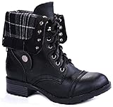 JJF Shoes H-7 Black Military Combat Plaid Foldable Cuff Faux Leather Back Zipper Lace Up Boots-10
