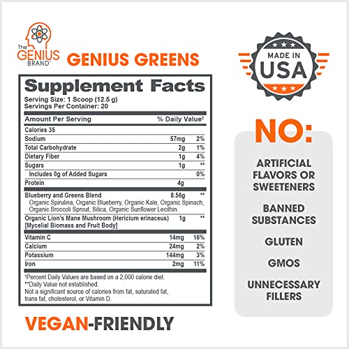 Genius Super Greens Superfood Powder, Nootropic Supplement Organic