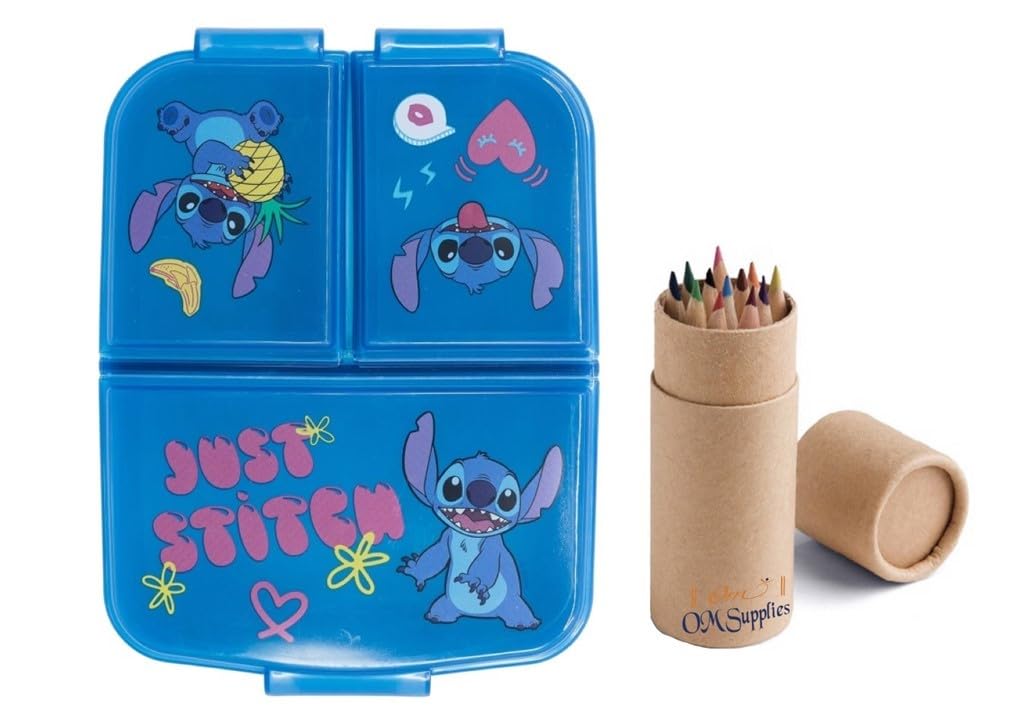 OM SUPPLIES Stitch Palms Reusable Sandwich Lunch Box 3 Multi Compartment Kids Children School Includes Half Size 12pcs Pencil Set (Stitch)