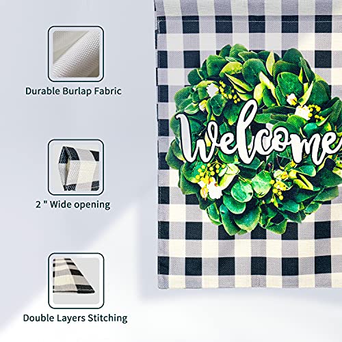POJORY Welcome Summer Garden Flag Wreath Double Sided Burlap Spring Summer Flag Buffalo Check Plaid Small Vertical Yard Flag Farmhouse Porch Outside Decoration, 12 x 18 Inch, Black and White